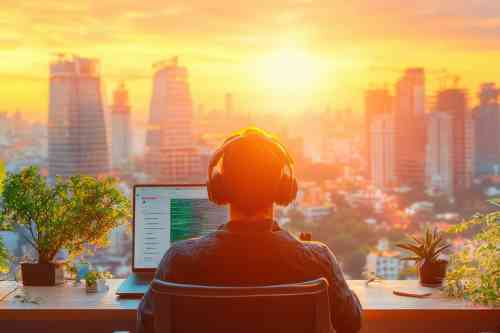 Mann mit Laptop und Skyline