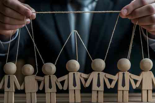 Puppenspieler im Anzug mit Holzpuppen